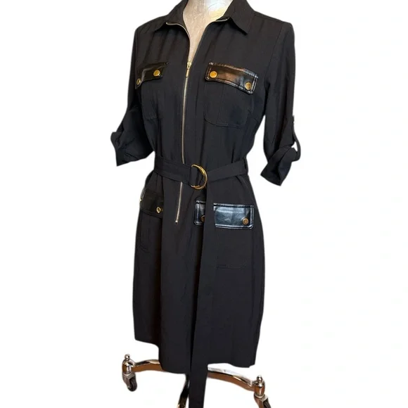 Like New Sharagano Women’s Front Zip Black Shirt Dress 3/4 sleeves size 4 - Picture 1 of 12